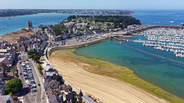 Plage des Bas Sablons curves beside Port des Sablons Marina Cit&eacute; d'Aleth and Tour Solidor in Saint-Malo Ille-et-Vilaine Brittany France overlooking Port de Saint-Malo, Intra-Muros and English channel