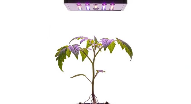 Young tomato plant growing under LED grow light on white background