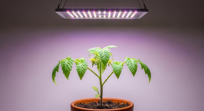 Young Tomato Plant Growing Under LED Grow Light Indoors