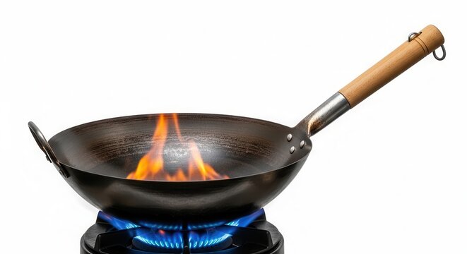 Wok cooking with flames on a gas stove, isolated on white background.