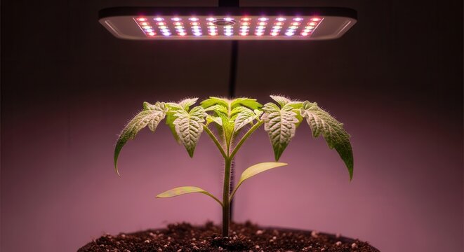Young Tomato Plant Growing Under LED Grow Light, Healthy Seedling