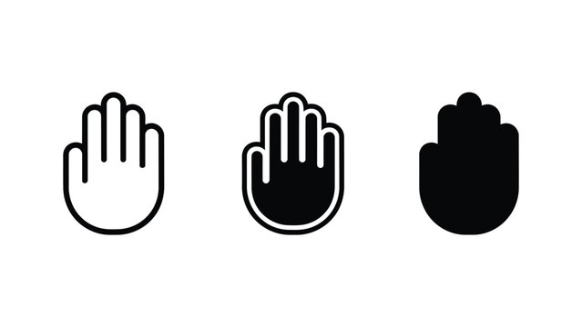 Set of three open hand palm icons as stop or gesture symbols with interaction