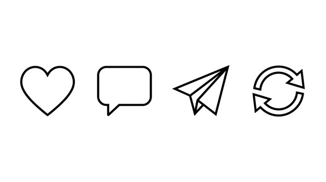 Outline icons displaying a heart, chat box, paper airplane, and circular arrow provide a minimalist design for mobile applications and websites.