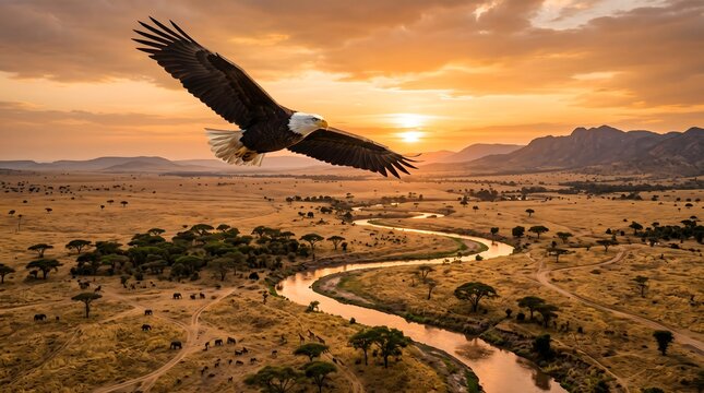 Bald eagle flying over savanna at sunset. Majestic bird soaring above a winding river.