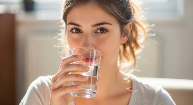 Young Woman Drinking Water from Glass, Healthy Hydration and Refreshment