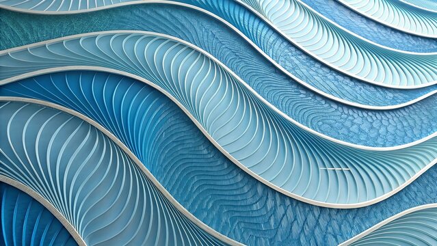 Abstract blue wavy 3D render with glass-like layered ribbon patterns and flowing curves.