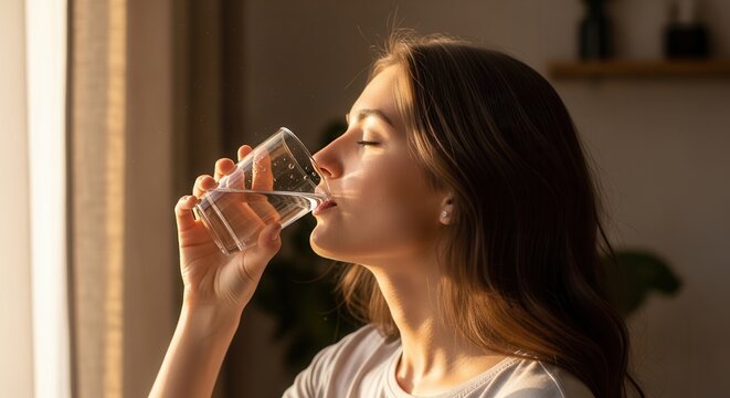 Young woman drinking fresh water from glass, enjoying refreshment, healthy lifestyle concept