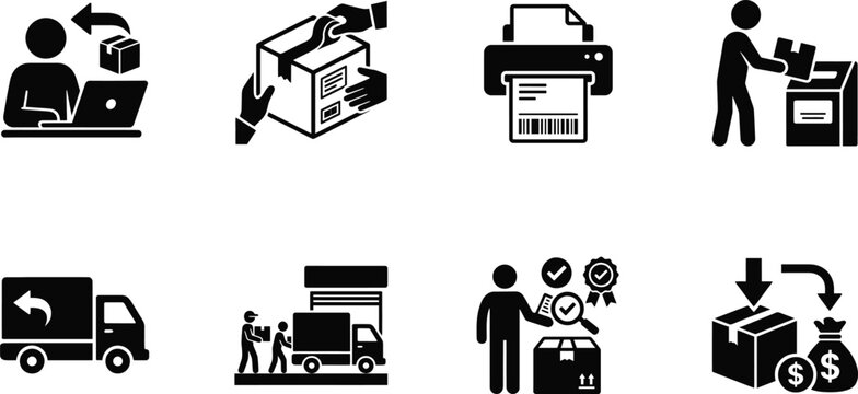 Reverse logistics return package silhouette vector icon set for e-commerce
