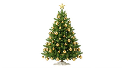 Fototapeta premium Isolated Christmas Tree with Gold Baubles and Star PNG Element for Holiday Graphic Designs and Festive Greeting Card Templates