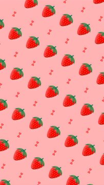 Seamless cute strawberry pattern with tiny bow hearts on pastel pink background