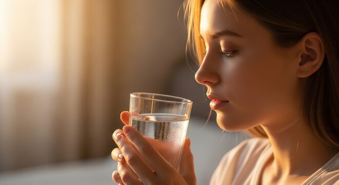 Young woman holding glass of water with condensation, bathed in warm sunlight