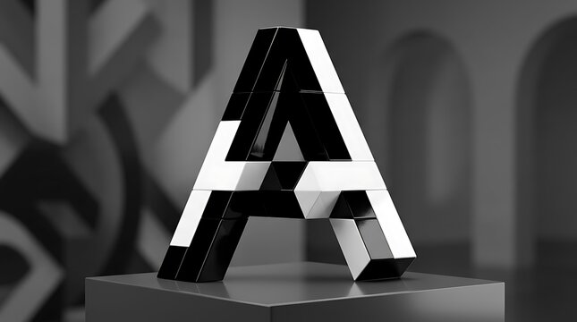 3D Geometric Letter a Sculpture in Black and White