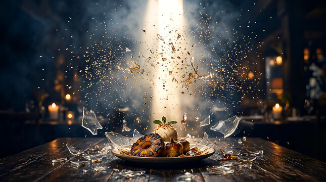 Exploding glass cloche or dome over a gourmet caramelized pineapple and cake dessert with ice cream and mint in a restaurant.