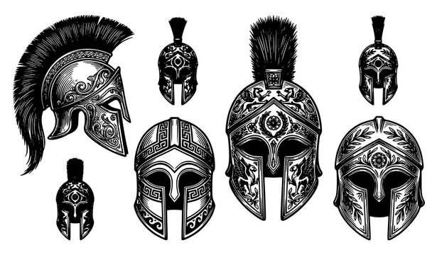 Vintage Spartan helmet vector set with detailed Corinthian gladiator line art