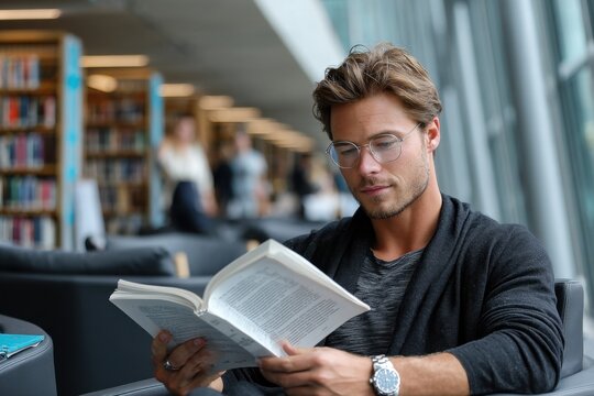 Man reading book in modern library setting