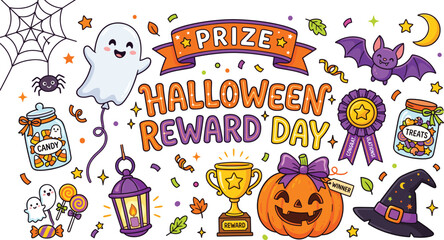 Fototapeta premium Cute Halloween reward day typography illustration with spooky prize elements trophy pumpkin and candy jars