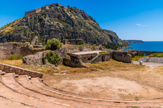 A view across a theatre area in the Acronauplia, fortress above the old town in Nafplio in Greece in early summertime