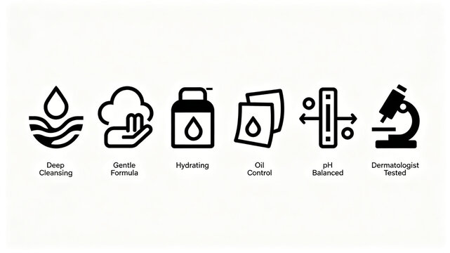The facial cleansing product attributes are displayed in an orderly manner, with deep cleansing, gentle moisturizing and oil control, balanced pH, and professionally tested by dermatologists

