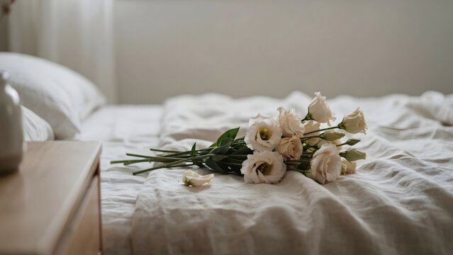 Cream lisianthus bouquet on white linen bed &ndash; Ideal for bridal inspiration, morning relaxation, or lifestyle blogs.