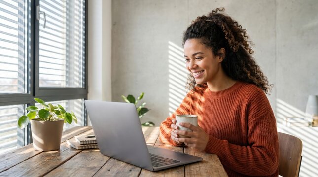 A woman in an orange sweater smiles while holding a cup and working on a laptop at a wooden table near a window with potted plants.