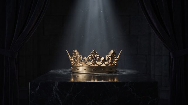 Empty ornate royal throne chair under a dramatic beam of light in an old castle hall