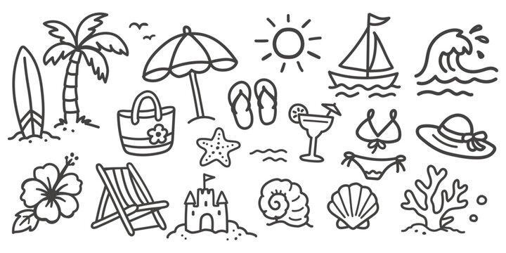  Hand drawn doddle beach summer icons set, black ink doodle vacation elements, tropical surf and ocean travel vector illustrations on white background