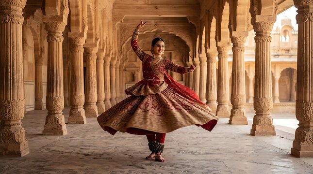 Indian woman dancing in traditional dress at historic palace