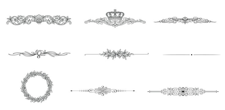 Vintage Ornamental Flourish Divider Set with Decorative Borders, Victorian Scroll Elements, Floral Frame, Laurel Wreath, Elegant Line Separators Vector Collection