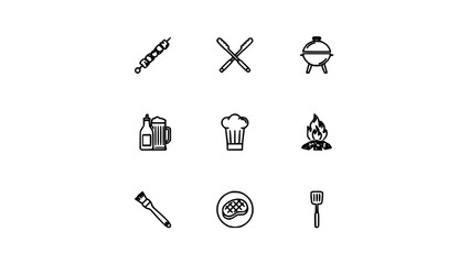 Fototapeta premium Cooking Icons Featuring a Pepper Mill, Knives, Grill, Beer Mug, Chef Hat, Campfire, Thermometer, Pizza, and Spatula