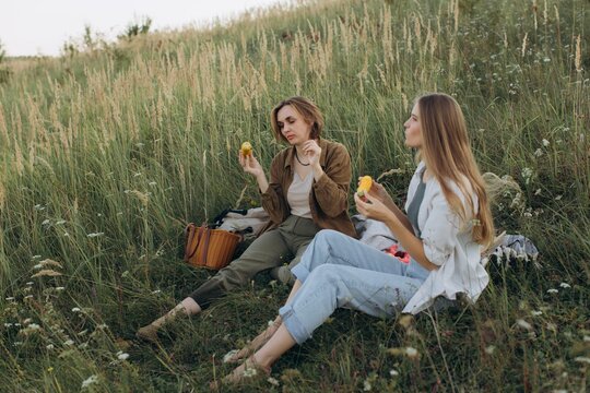 Friends enjoying summer picnic, eating healthy apples