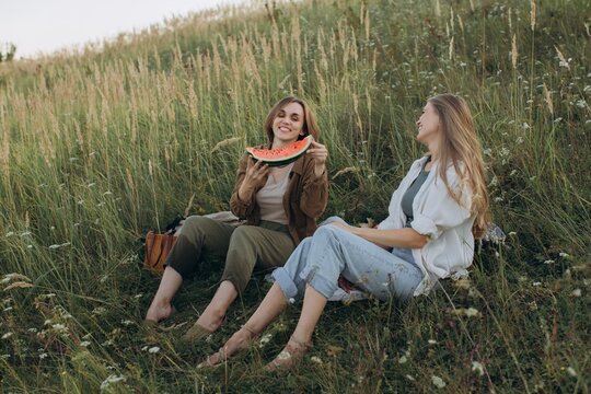 Friends enjoying summer picnic in tall grass