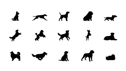 Fototapeta premium Dog Silhouette Icons Set in Black for Playful Pet Concepts, Design Templates, and Typography Backgrounds
