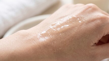 Naklejka premium Close-up of a hand with a clear gel or serum applied on the skin, highlighting texture and hydration.
