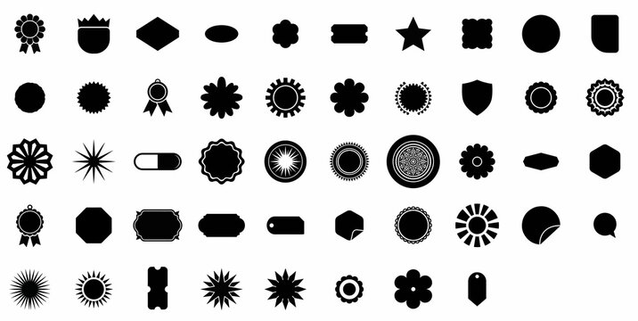 Vintage black badge silhouettes, collection of 50 geometric label shapes and award ribbons, flat vector graphic elements for branding and logo design
