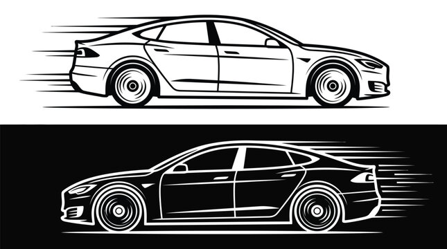 Sleek electric sedan car silhouette illustration featuring high speed motion lines in bold black white