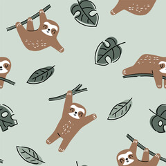 Naklejka premium Hand drawn seamless vector pattern with cute sloths and tropical palm leaves. Perfect for textile, wallpaper or print design.