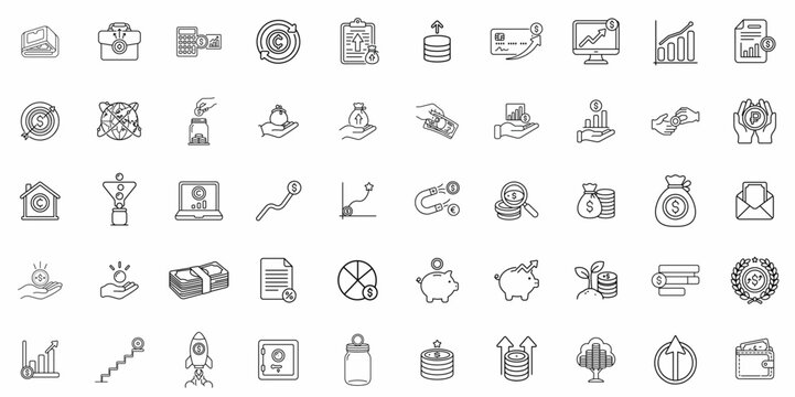 Business and finance line icons set, 50 professional banking and investment vector elements, minimalist financial growth and money management symbols