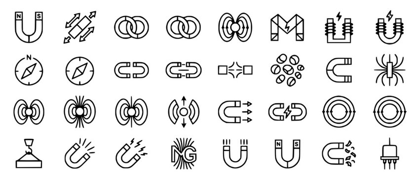 Set of Magnet and Magnetic Field Line Icons