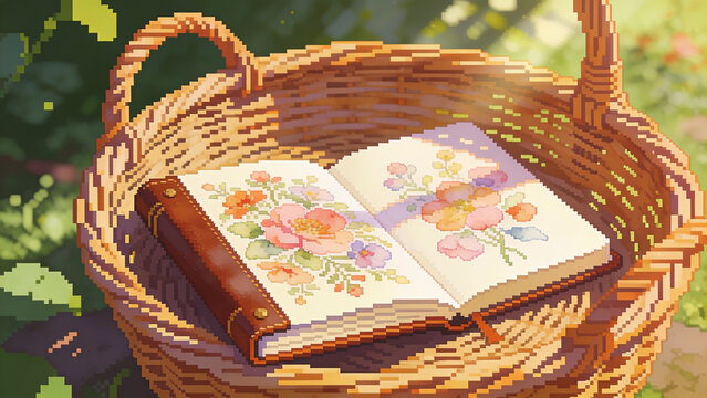 An open book featuring beautiful watercolor-style floral illustrations rests nestled inside a rustic woven basket outdoors in warm sunlight.