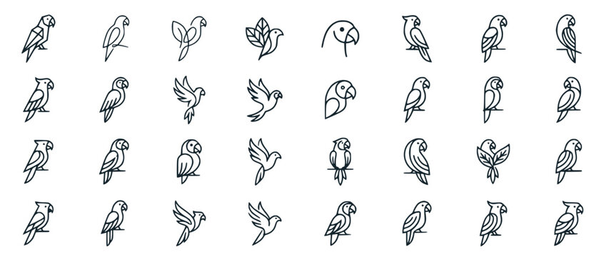Set of Minimalist Line Art Parrot Icons and Logo Designs