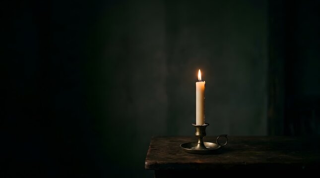 Single lit candle on dark wooden surface with dark background for somber mood