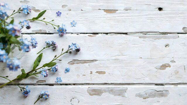 Forget-me-not flowers on rustic white wood &ndash; Suitable for botanical framing, background textures, or spring ads.