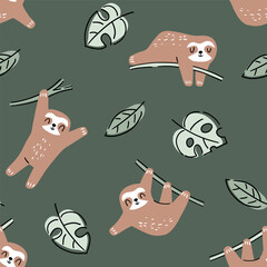 Fototapeta premium Hand drawn seamless vector pattern with cute sloths and tropical palm leaves. Perfect for textile, wallpaper or print design.