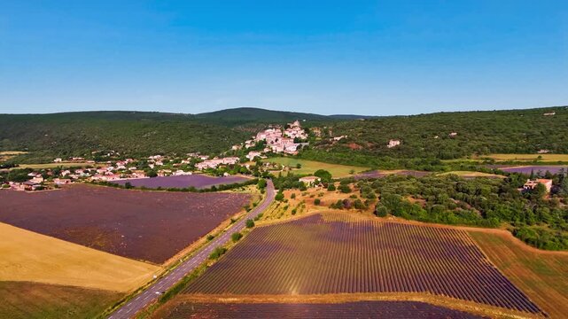 Aerial drone view Simiane-la-Rotonde among the mountains and blooming purple lavender fields. Provence-Alpes-Cote d'Azur region. High quality 4k footage