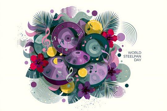 Vibrant tropical steelpan musical illustration for world steelpan day celebration design with vibrant flat style