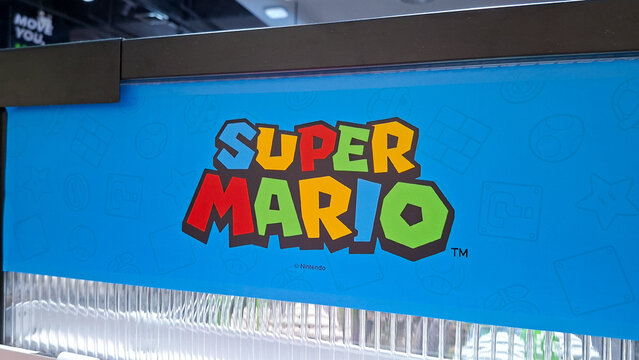 Super Mario official blue signage display board with colorful logo on July 21, 2026 in Bangkok, Thailand.