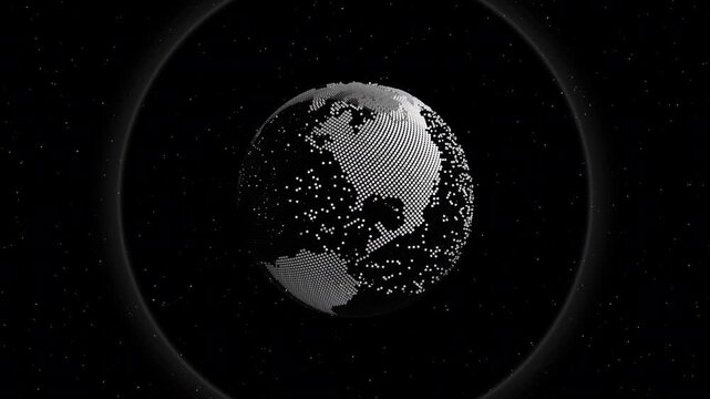 Rotating 4K digital world globe animation with glowing land points, wireframe latitude and longitude grid, atmospheric lighting and starfield background, ideal for technology, global communication