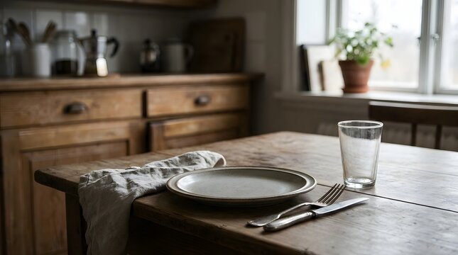 Rustic kitchen table setup with plate glass and cutlery near window and wooden furniture