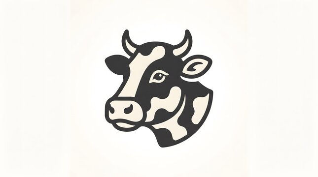 Minimalist black and white vector illustration of a cow head with horns