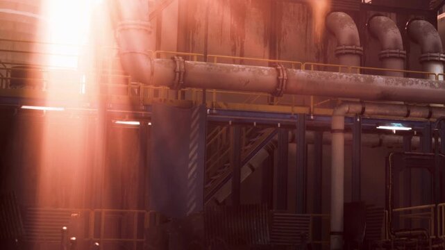 Sunlight streams through gaps in the structure, illuminating sections of the industrial site. Pipes are visible along with stairs and a fence outside during day.